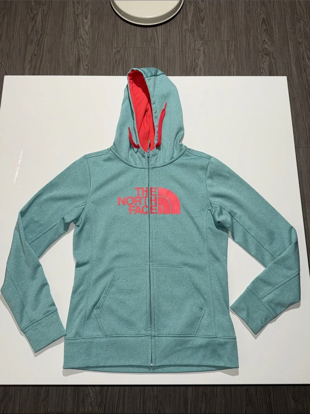 The North Face Women's Teal Hoodie with Coral Logo